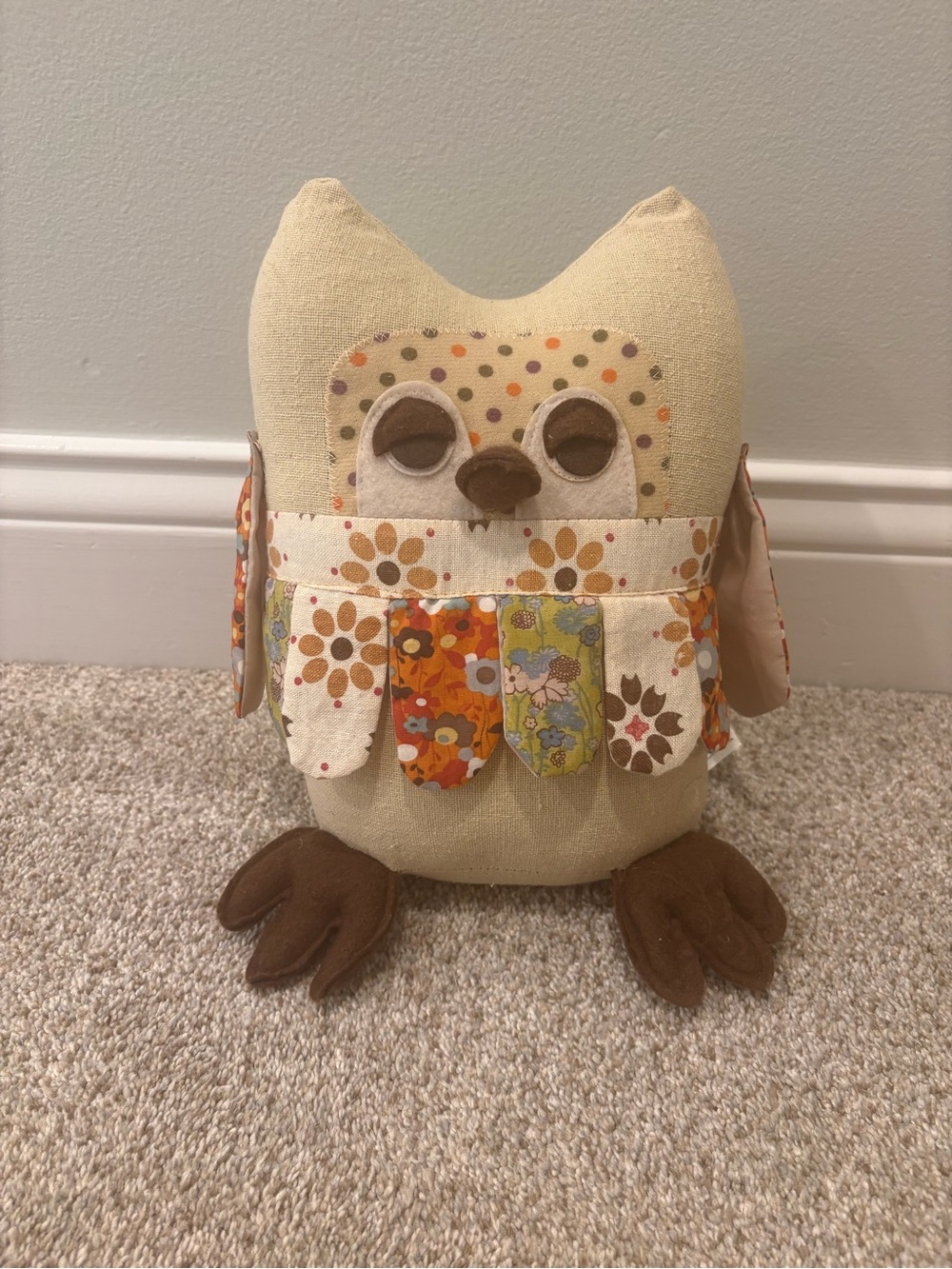 Weighted Fabric Owl (approx. 24 oz) Cream and Brown with Floral Accents